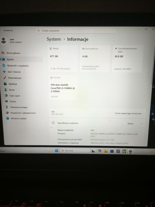 Sprzedam laptop  MSI gf63