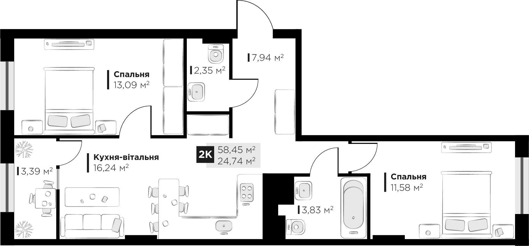 Продаж 2 кім квартири Perfect Life Винники 58.46 кв.м