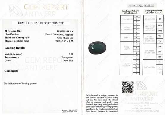 Safira Azul - 3.04 ct - Gem Report Antwerp (GRA)