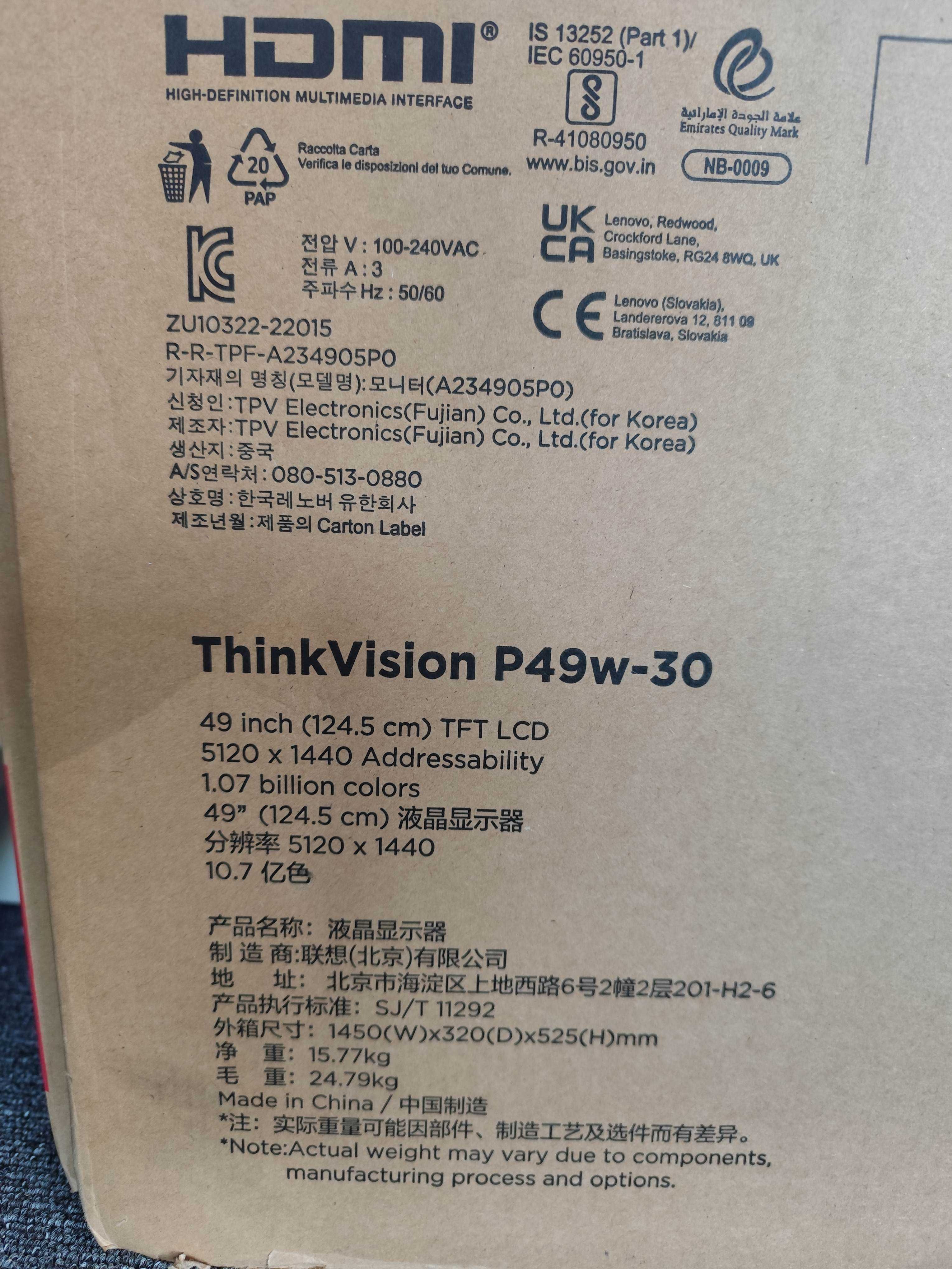 Monitor LED Lenovo P49w-30 49 " 5120 x 1440 px IPS / PLS