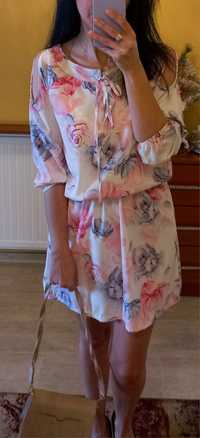Sukienka elegancka wizytowa 36 s kwiaty mini  biala różowa