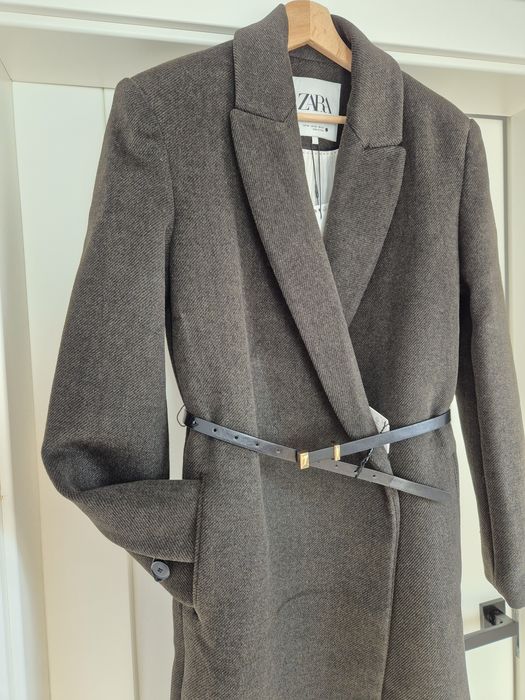 Kopertówka płaszcz wełniany z paskiem Zara khaki r. XS S wełna