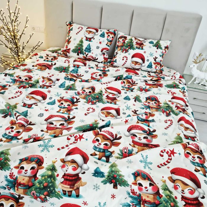 Тепла Новорічна постільна білизна з фланелі. Санта, оленята