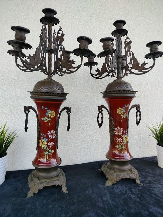 Piękne duże stare palacowe kandelabry świeczniki brąz i ceramika