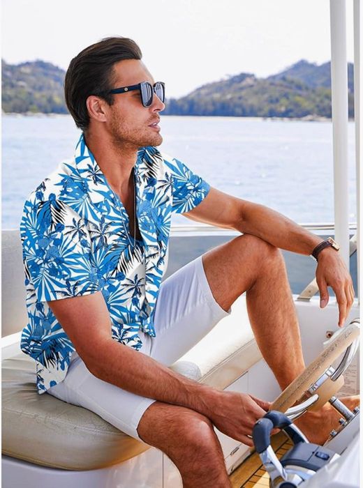 Męska koszula hawajska, biało niebieska, rozmiar L, MEILICLOTH