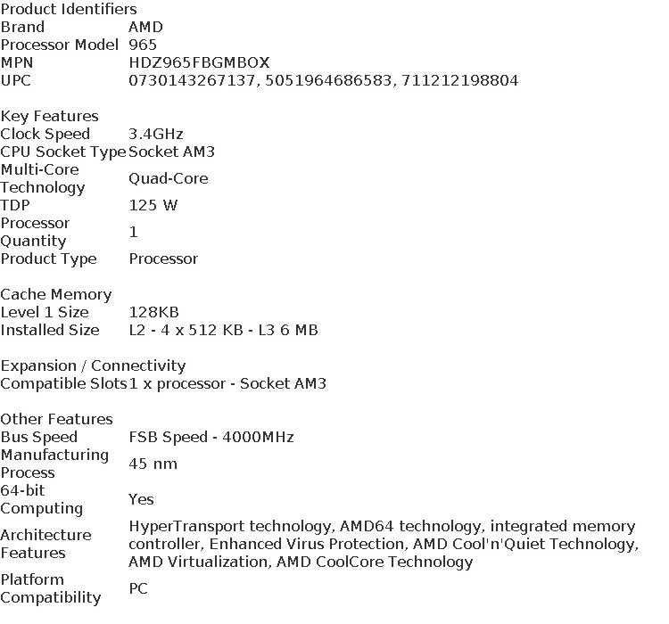 Процесор AMD Phenom II X4 965, 3,4 ГГц, HDZ965FBK4DGM роз'єм АМЗ