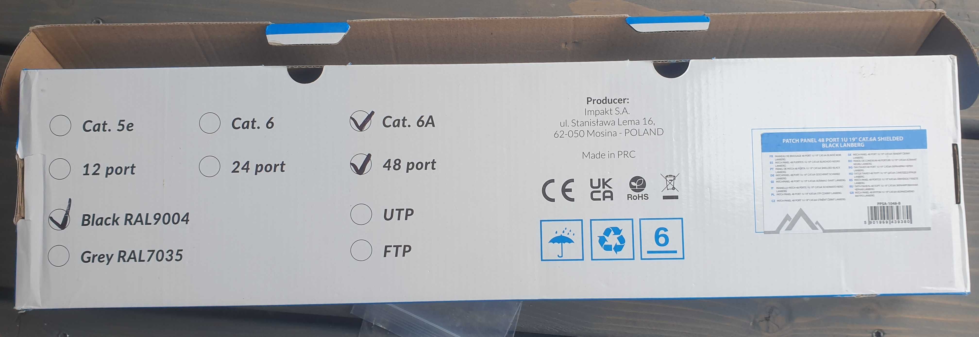 Patch panel Lanberg PPSA-1048-B 48 portów 1U rack 19" Kat. 6A T568B