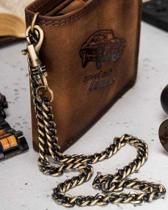 Duży, Skórzany Portfel Męski Z Łańcuszkiem