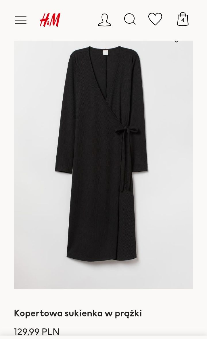H&M M długa czarna kopertowa sukienka midi w prążki z paskiem