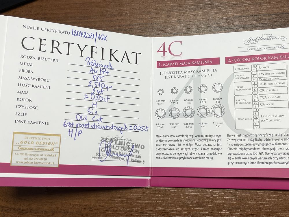 Pierścionek pr.585 + brylanty + certyfikat