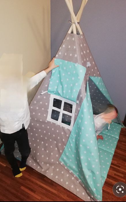 Tipi, namiot + poduszki mięta, szary , gwiazdki