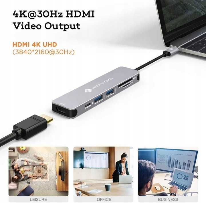 NOVOO USB C Hub 6w1 HDMI Adapter 100W PD 4K, 2 USB 3.0 SD/Micro [2428]