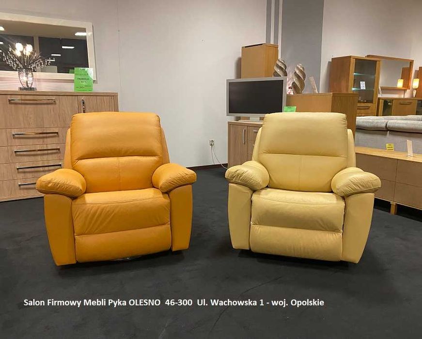 Nowy Fotel ROZKŁADANY, Bujany, Obrotowy, SKÓRA NATURALNA- Wyprzedaż
