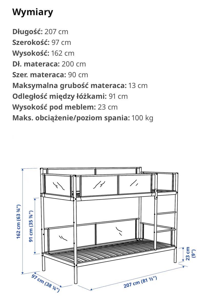 Łóżko piętrowe IKEA VITVAL 90x200 cm