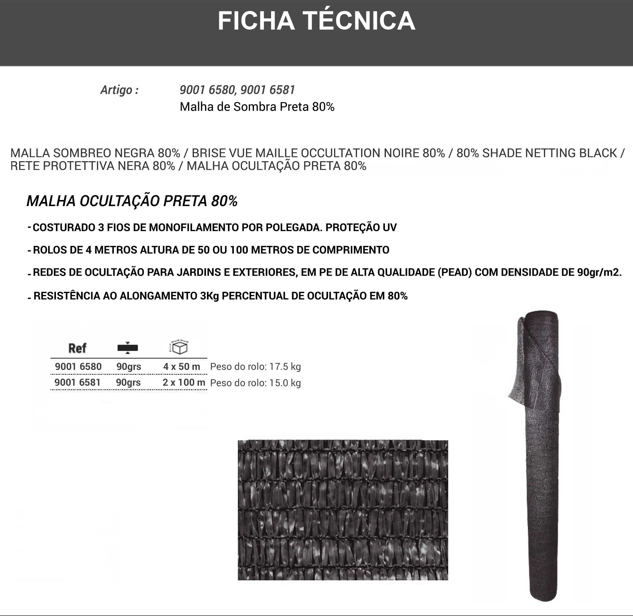 Rede de malha preta ocultação a 80% rolo 200m2