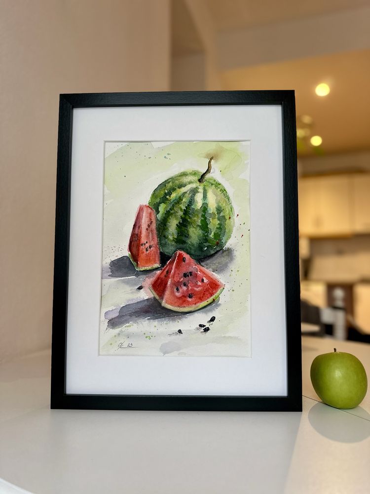 Pintura a aguarela com moldura. Melancia / framed Watermelon painting