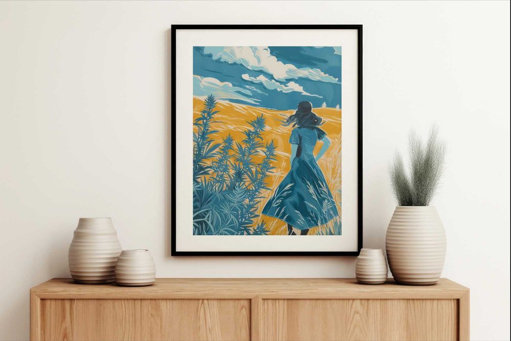Plakat 50x50 Podróż przez Pola | Niebieski Łąka Kobieta Zboże Vintage