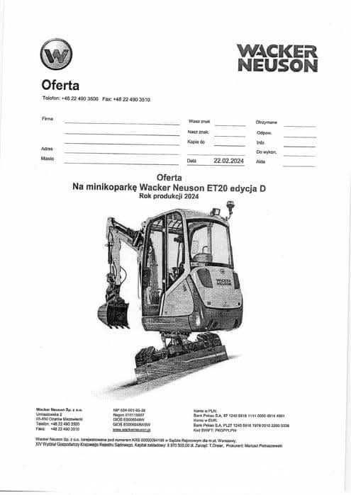 Minikoparka Wacker Neuson ET20 Edycja D 2024r, Leasing bez BIK i KRD