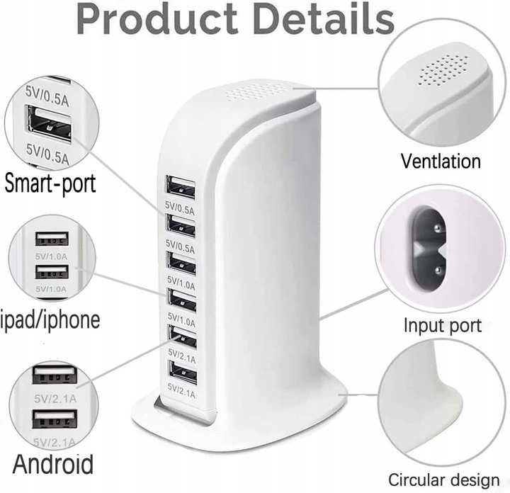 Ładowarka SCCVEE USB Charger 30W 6 Ports USB biała