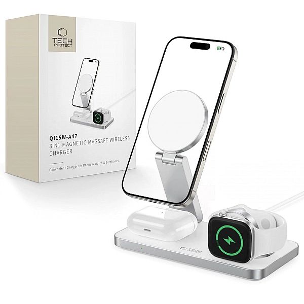Tech-Protect Qi15W-A47/3In1 Magnetic Magsafe Wireless Charger White