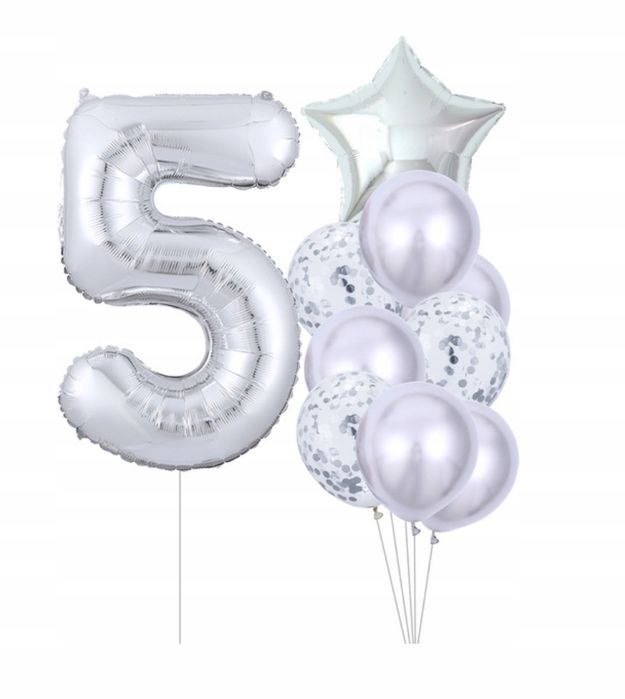 zestaw balony cyfra 5 srebrna 100 cm na piąte urodziny  xxl na hel