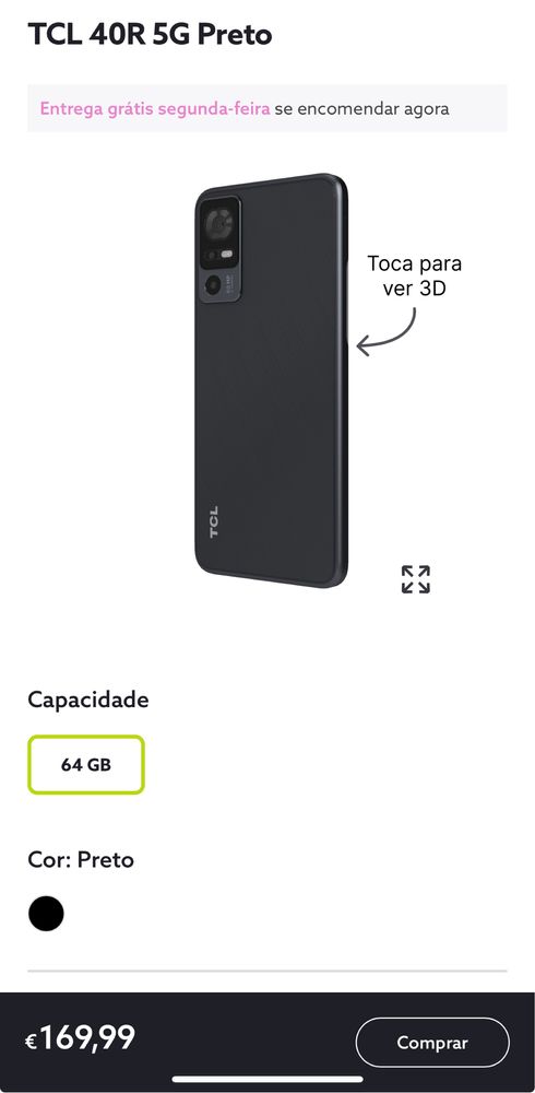 Telemóvel “selado” TCL 40R 5G Preto + Capa&Película