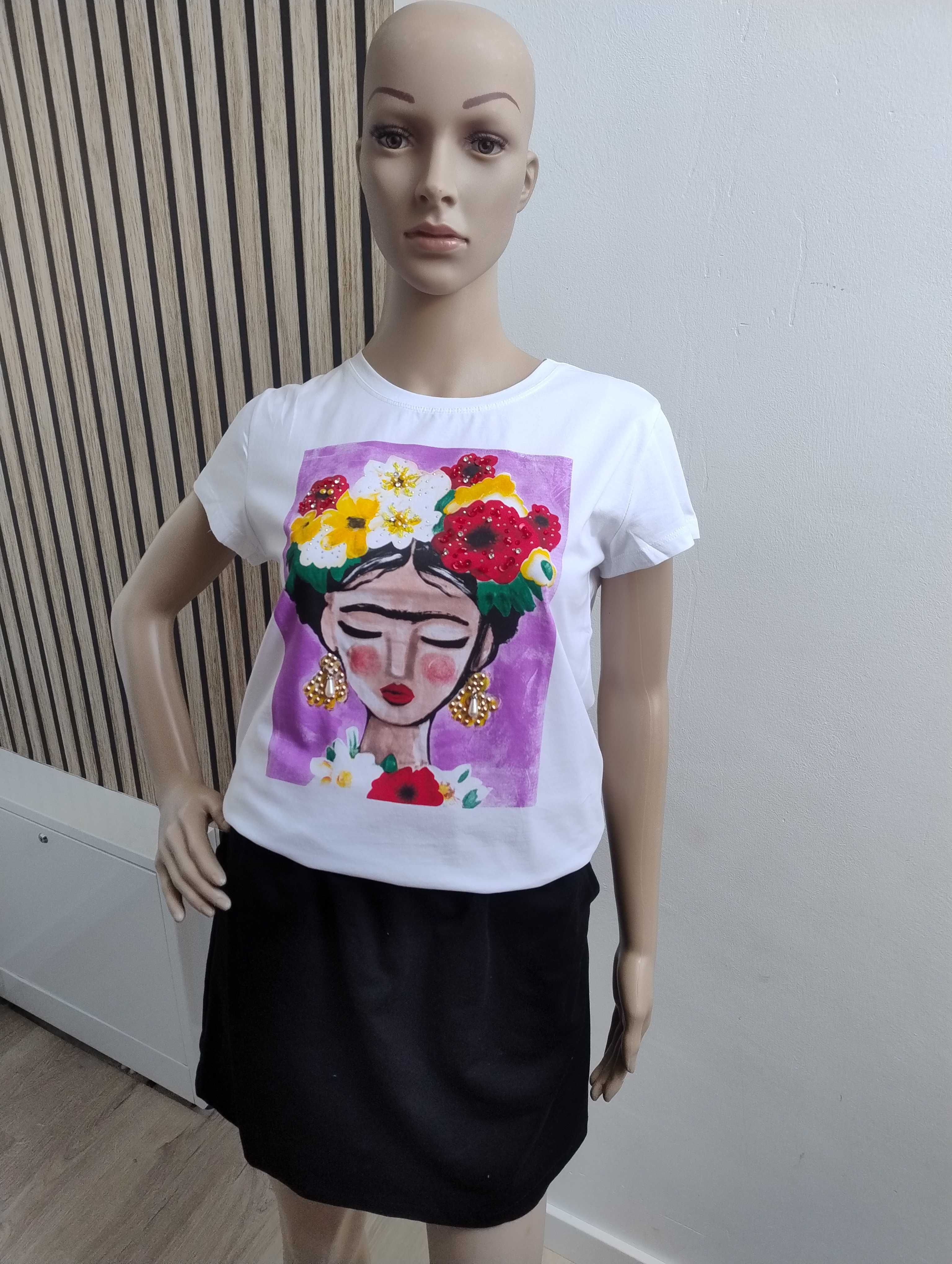 T-shirt kobieta z kwiatami Biały z fioletem L/XL PS