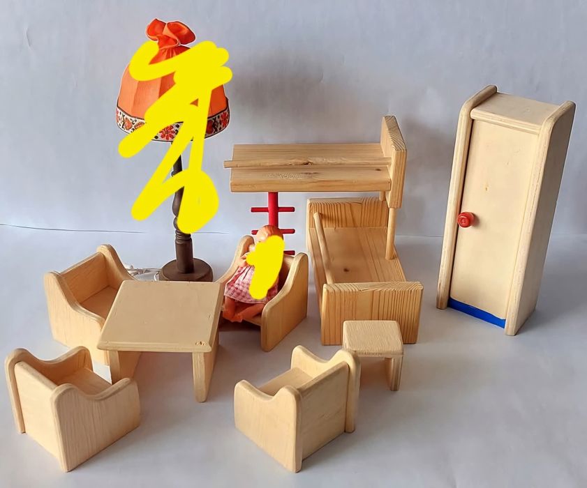 Drewniane mebelki akcesoria domek dla lalek vintage