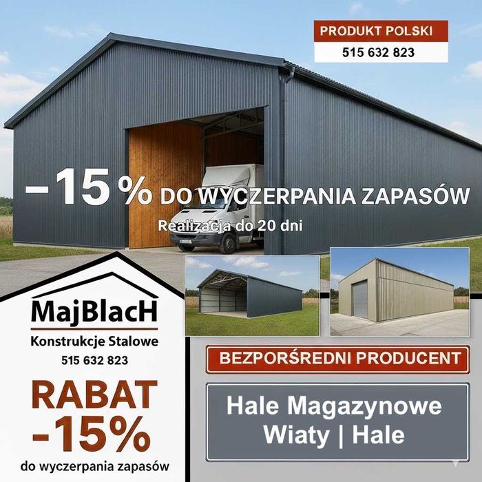 Hala - Wiata Złoty Dąb|Garaż Blaszany|RABAT -15% | PRODUCENT Maj-Blach