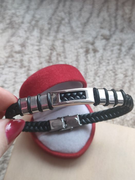 Męska bransoletka czarny rzemyk ekoskóra stal nierdzewna zapięcie