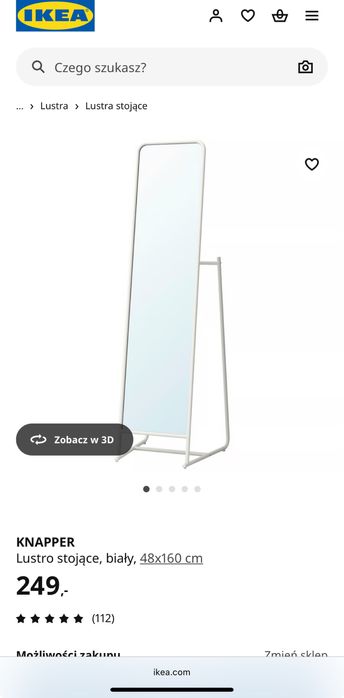 Lustro stojace białe, 48x160 cm