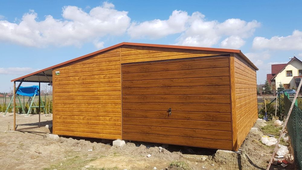 Garaż blaszany drewnopodobny 5x6 + 2m wiaty Złoty Dąb