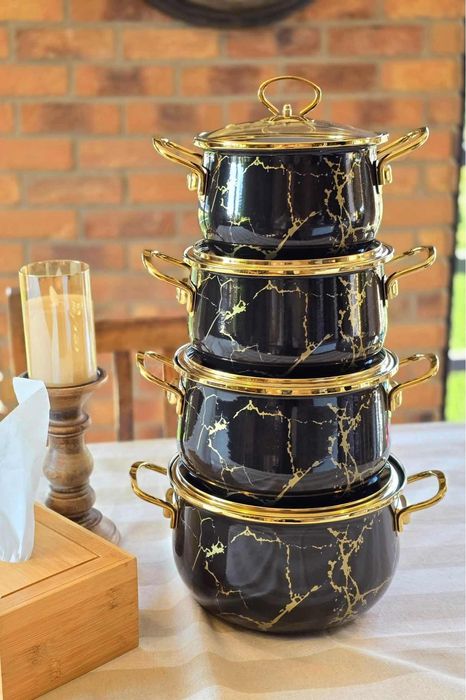 Garnki zestaw czarny złoty marmur