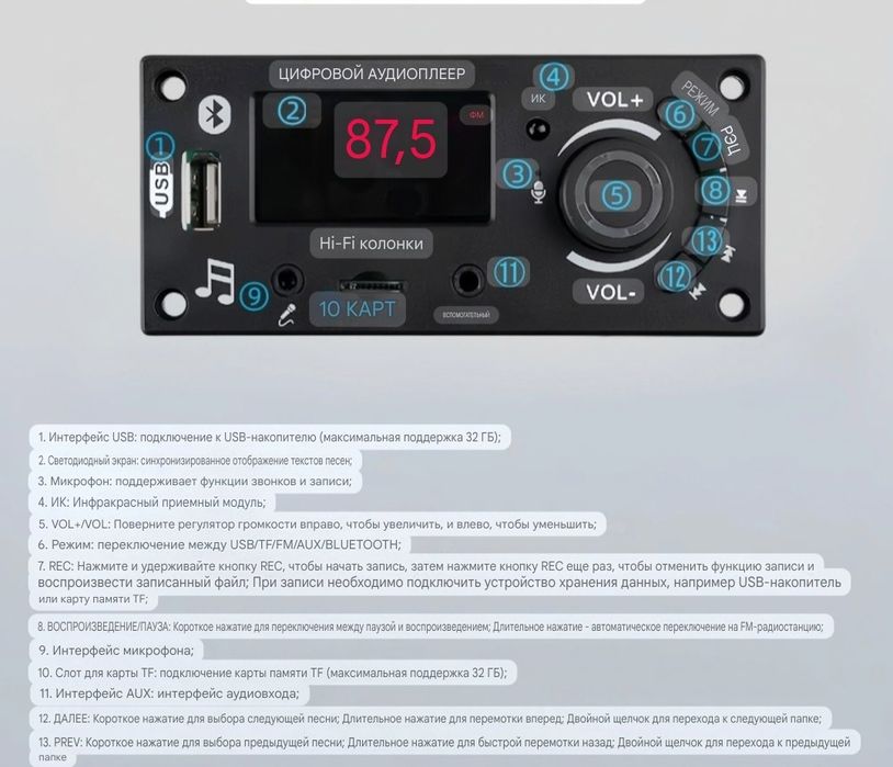 Bluetooth 5.0 декодер с усилителем 2*50W. DC 5-25V, mp3, fm, aux,usb