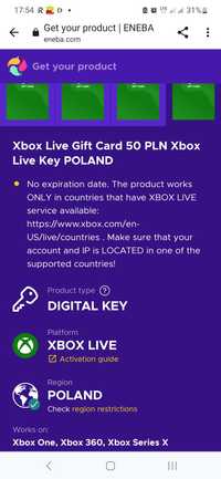 Karta podarunkowa XBOX 50 zł 

Xbox Live Gift Card 50 PLN Xbox Live Ke