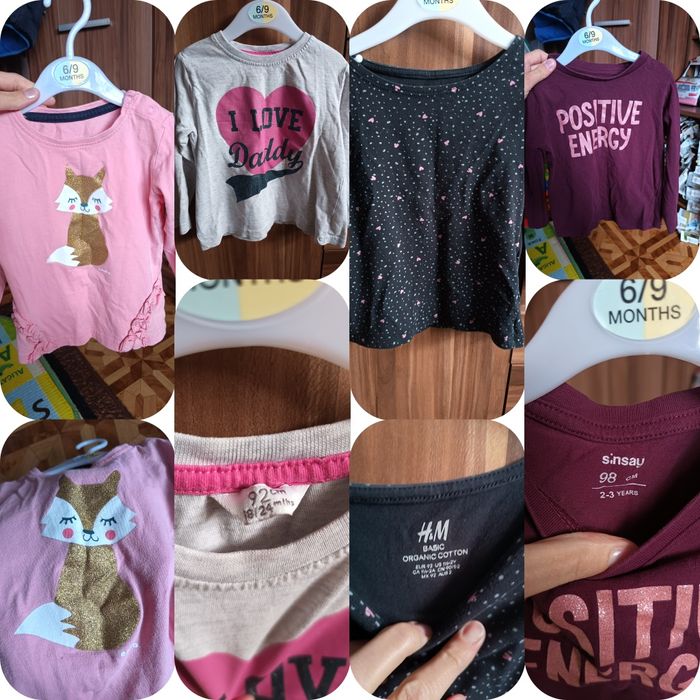 Zestaw bluzek niemowlęcych dla dziewczynki. H&M, Endo, Tu, Nutmeg.