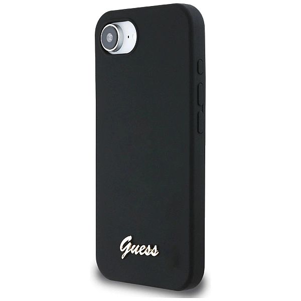 Etui Guess Silicone Script Metal Logo MagSafe na iPhone 16e - czarne