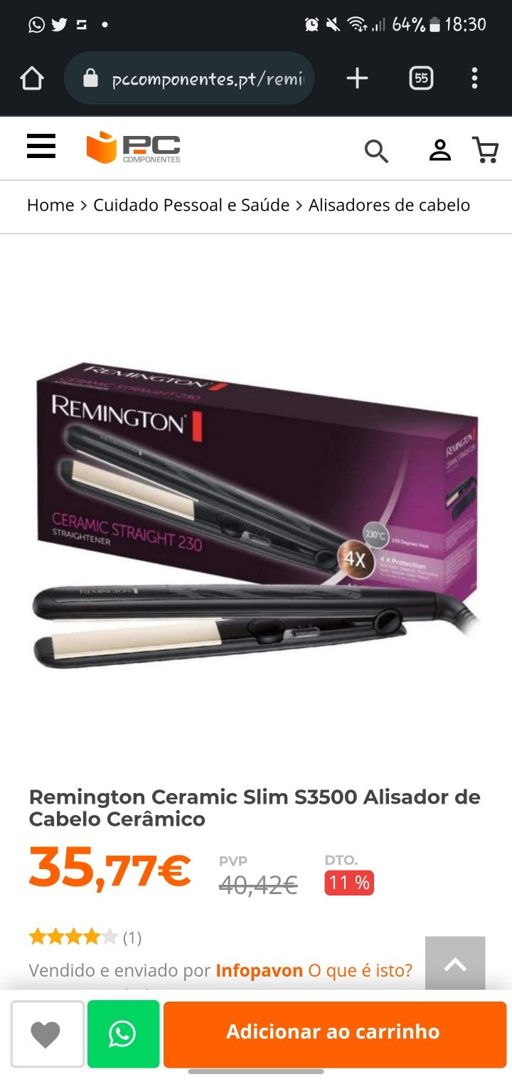 Placa Remington Ceremic Slim  S3500, *Nova*