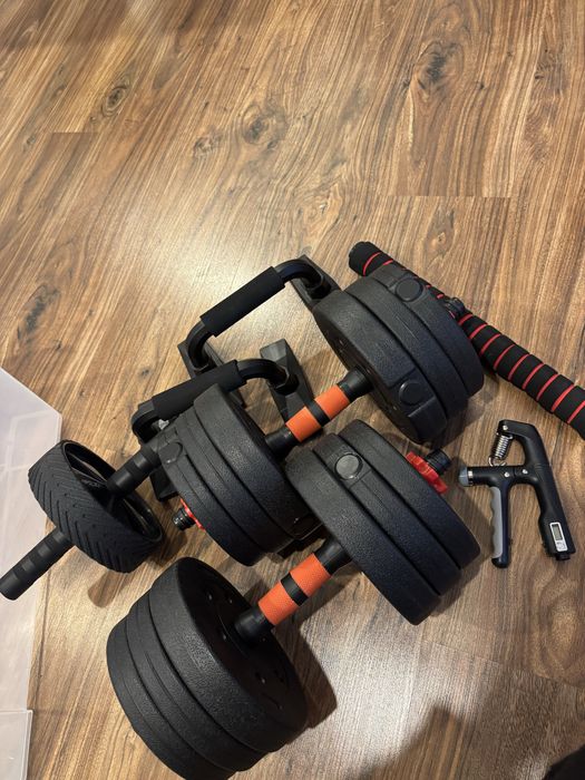 Zestaw hantli 20 kg + roller+ uchwyty do pompek