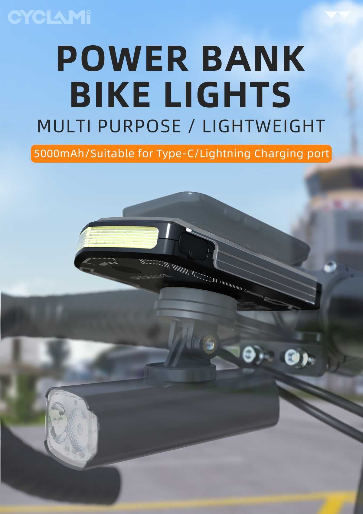 Cyclami - Luz com powerbank para bicicletas encaixe GPS