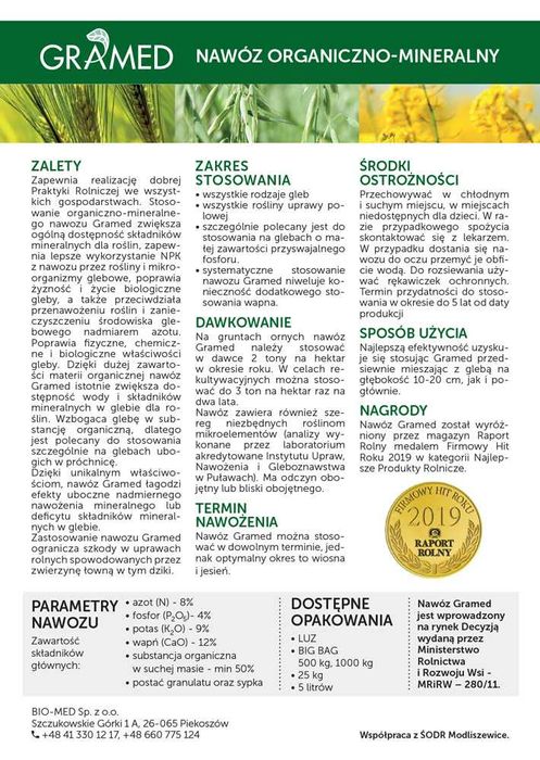 NAWÓZ ORGANICZNO-MINERALNY BigBag N8%, P4%, K9%, CaO12% +Mikroelementy