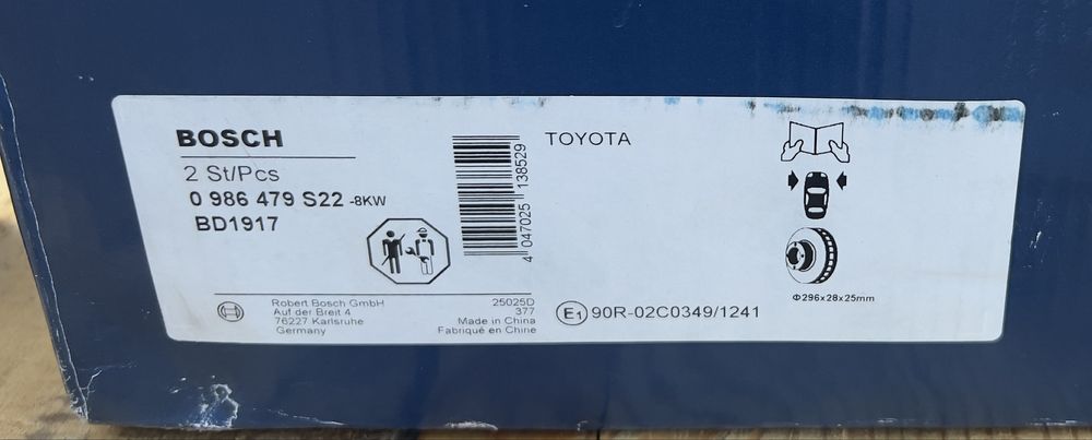 Тормозной диск передний Bosch 0 986 479 S22 TOYOTA CAMRY