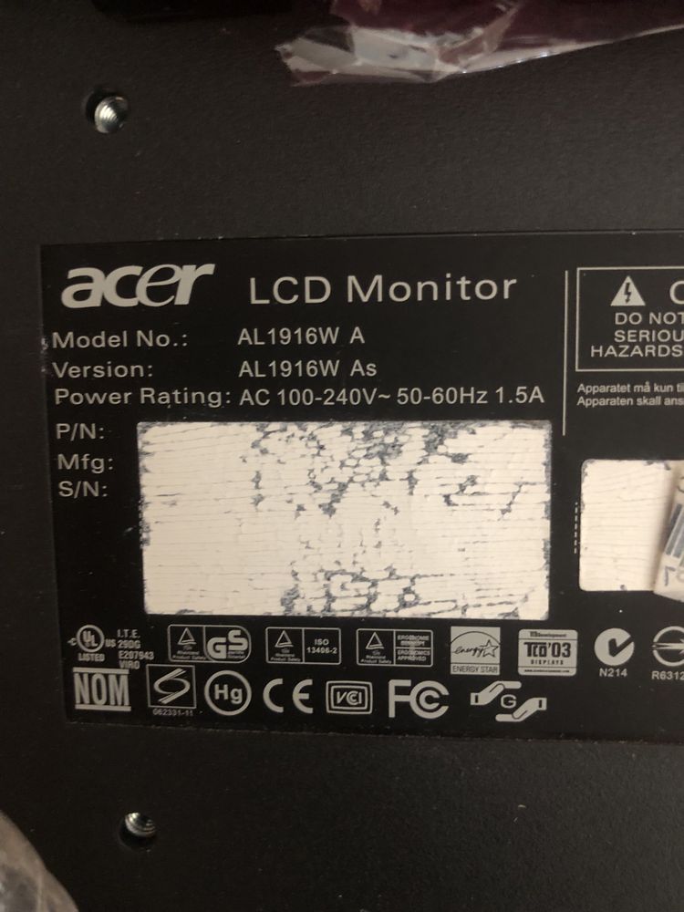Монітор ACER LCD дюйм 19 60 Гц