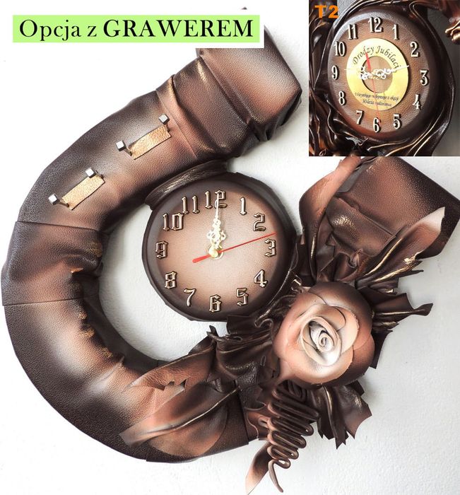 Kawowowy zegar w podkowie z różą PREZENT NA JUBILEUSZ urodziny GRAWER