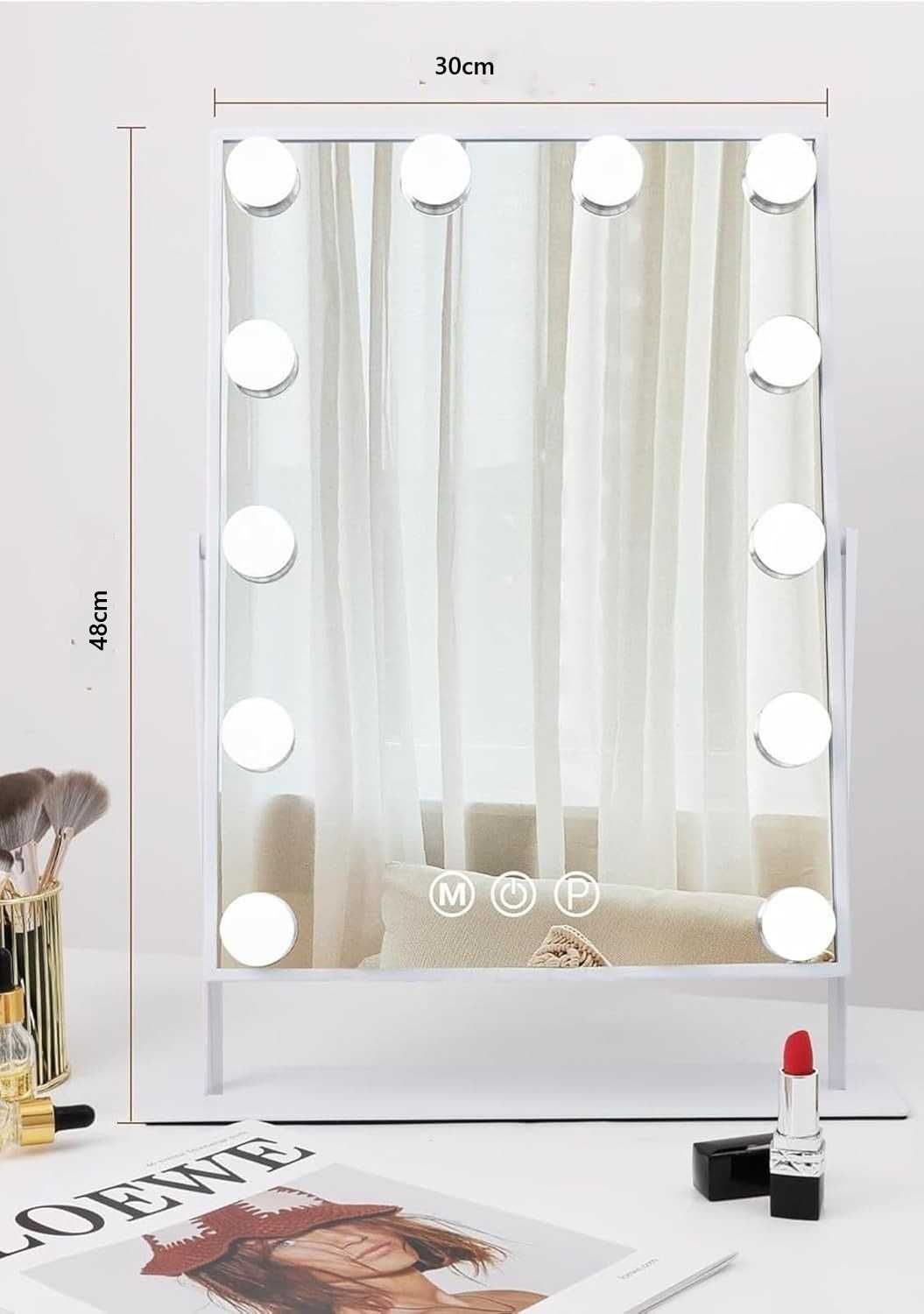 Hansong lustro makijażowe LED 30×30 cm 12 led 3 tryby 10× powiększenie