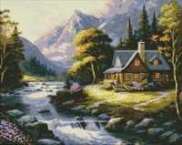 Алмазна мозаїка Будиночок у горах 40х50 Ідейка 7722 дом водопад природ