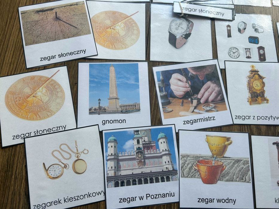 Karty trójdzielne, rodzaje zegarów, zegar, Montessori, do terapii, nau