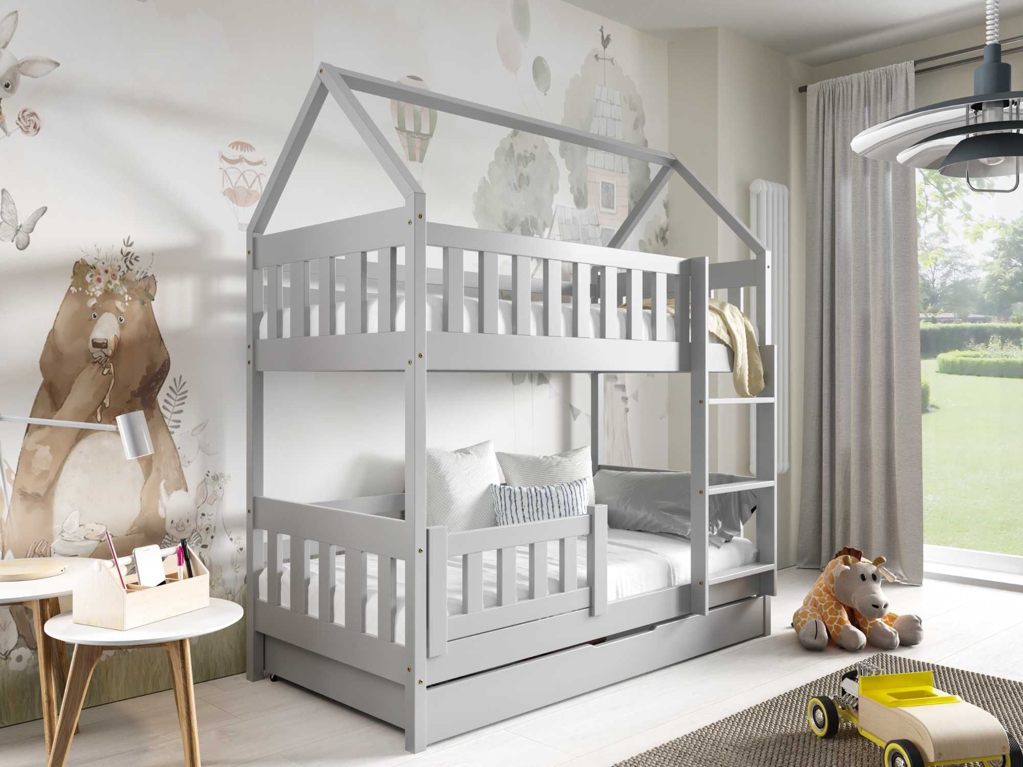 Łóżko dla dzieci sosnowe piętrowe domek ZUZIA - materace w zestawie