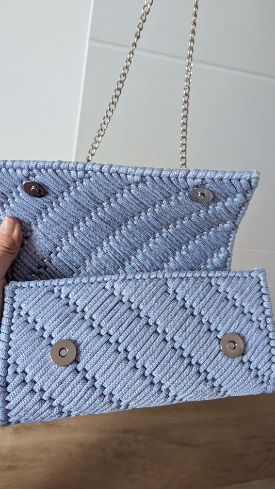 Błękitna z Srebrną nitką Torebka Kopertówka na Kanwie  Handmade
