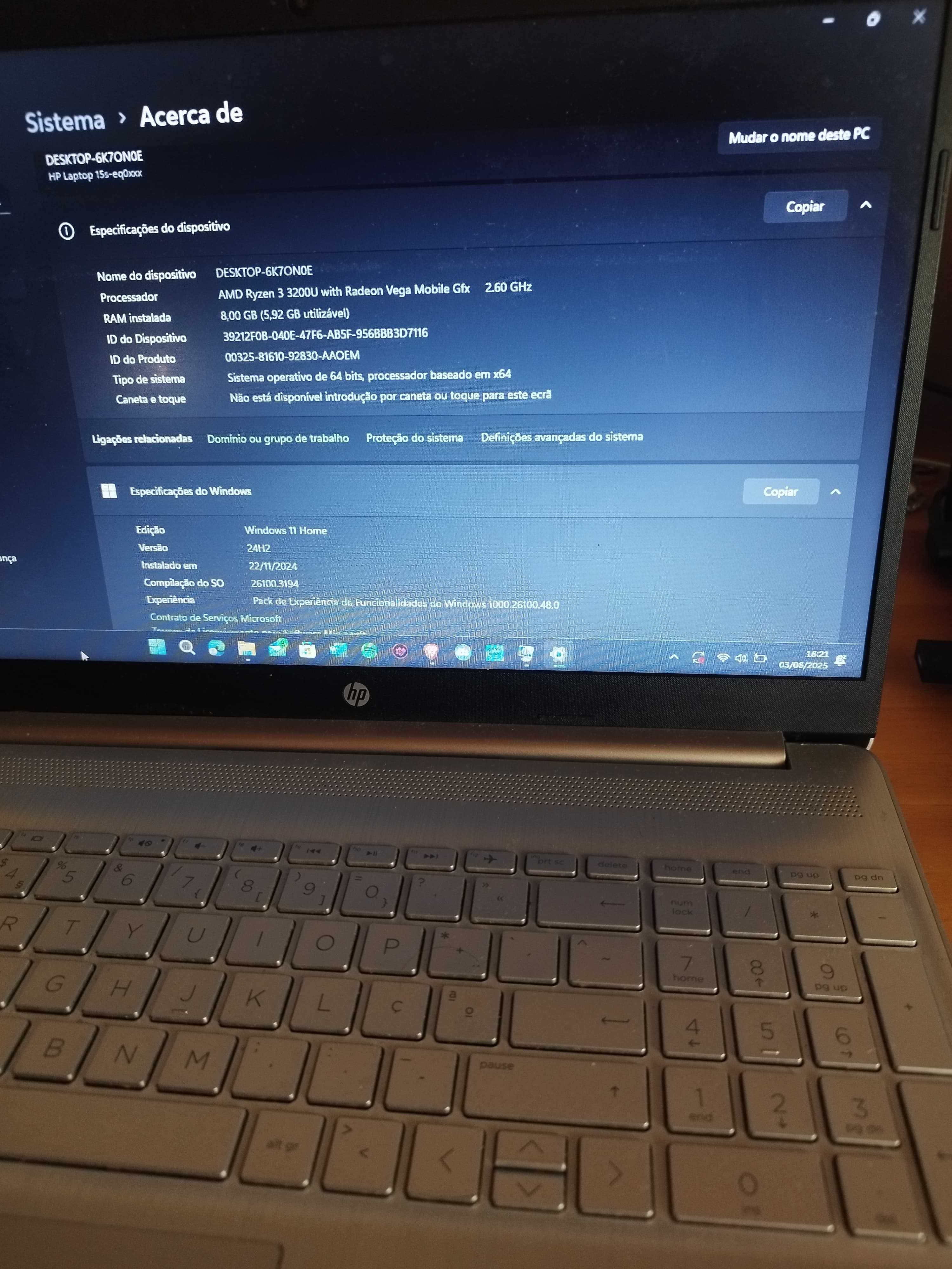 Portátil HP Ryzen 3 | 8GB RAM | SSD 512GB | Bateria Viciada